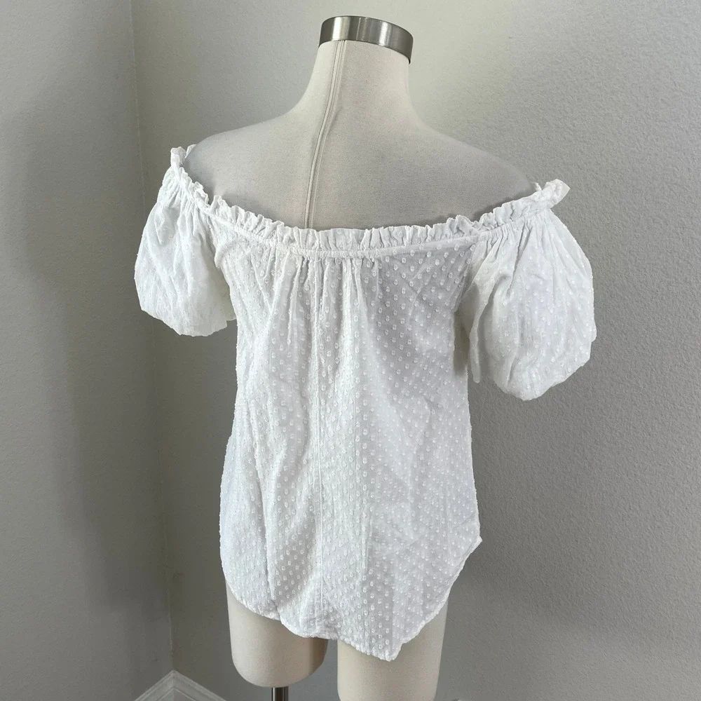 Maeve Anthropologie Womens 4 White Swiss‎ Dot Off The Shoulder Puff Sleeve Top